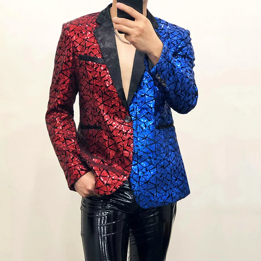Stylish Men's Gold Silver Splicing Blazers Shiny Sequins Suit Jackets for Male Singer Bar Nightclub Tour Concert Stage Tuxedo