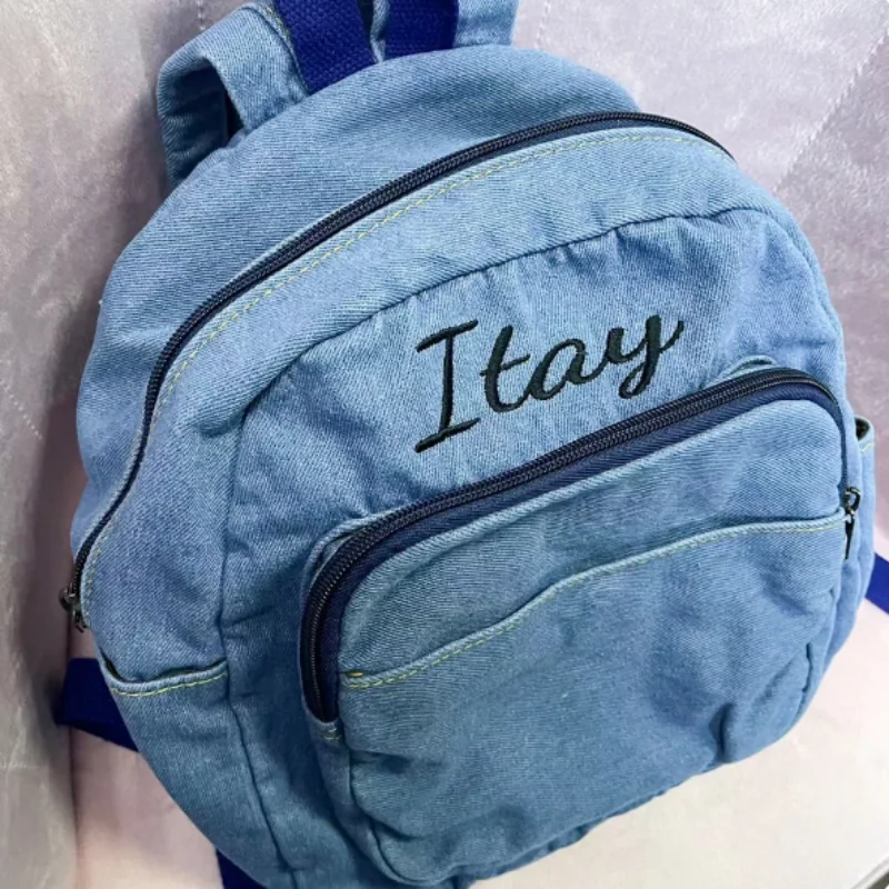 Personalised Embroidery Denim Backpack,Jean Backpack for Women Daypack Jeans Student Rucksack Travel School Bookbag Shoulder Bag