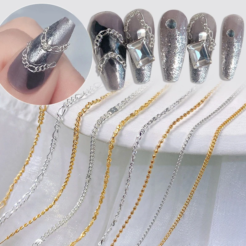 50/100cm Gold Silver Metal Chains Nail Rhinestones 3D Shiny Jewelry French Style Nail Art Charms DIY Accessories Manicure Tools