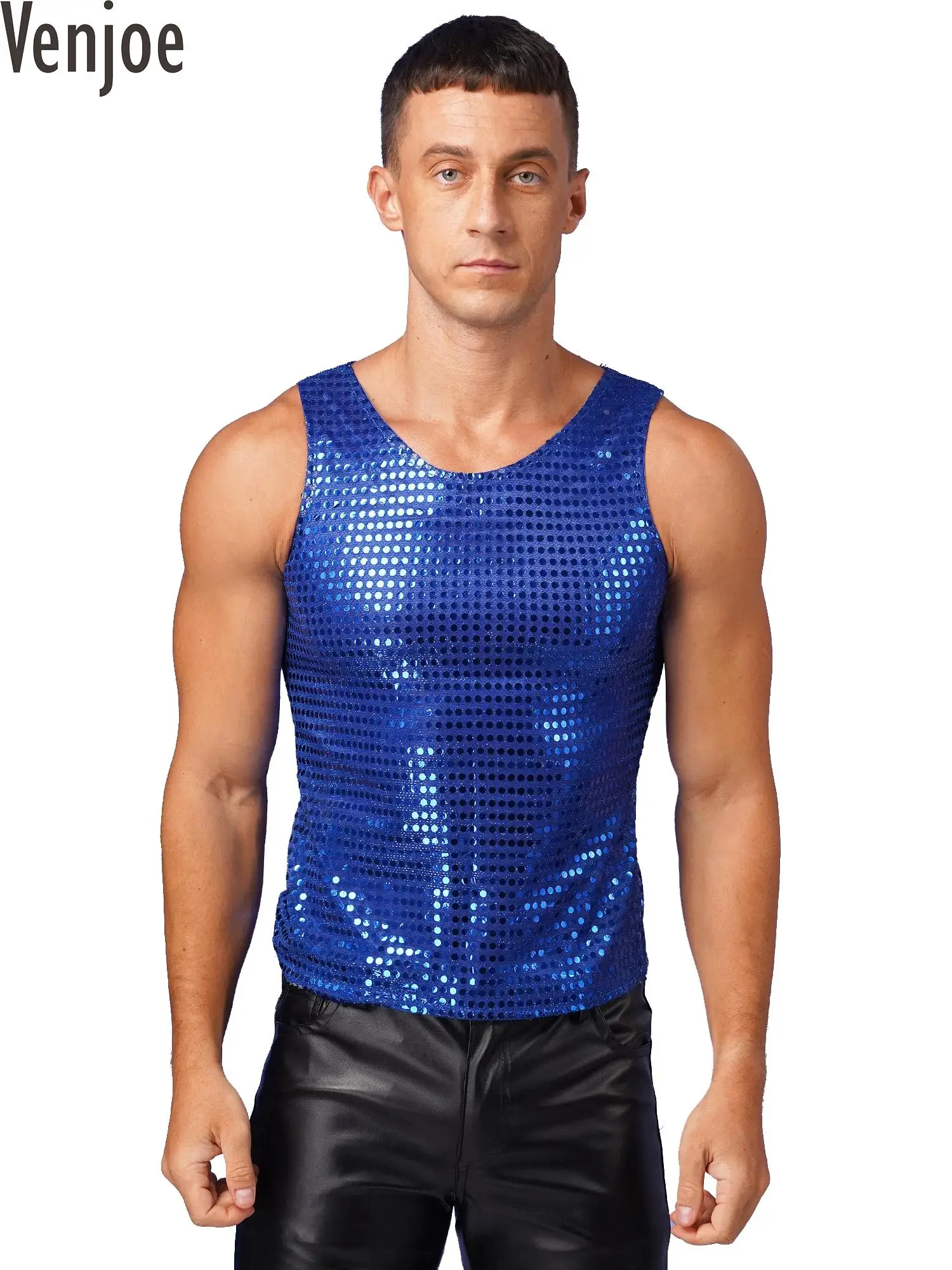 

Mens Shiny Sequin Tank Tops Sleeveless Loose Tops Carnivals Festivals Party Waistcoat T-Shirt Nightclub Hip Hop Jazz Dance Top