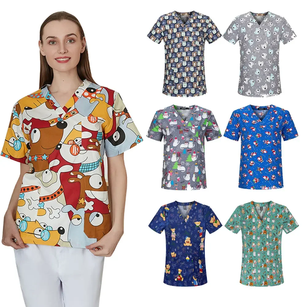 Cartoon Printed Nurse Dress for Women V-neck Short-sleeved T-shirt Top Scrubs Overalls for Men Nurses Accessories for Hospital