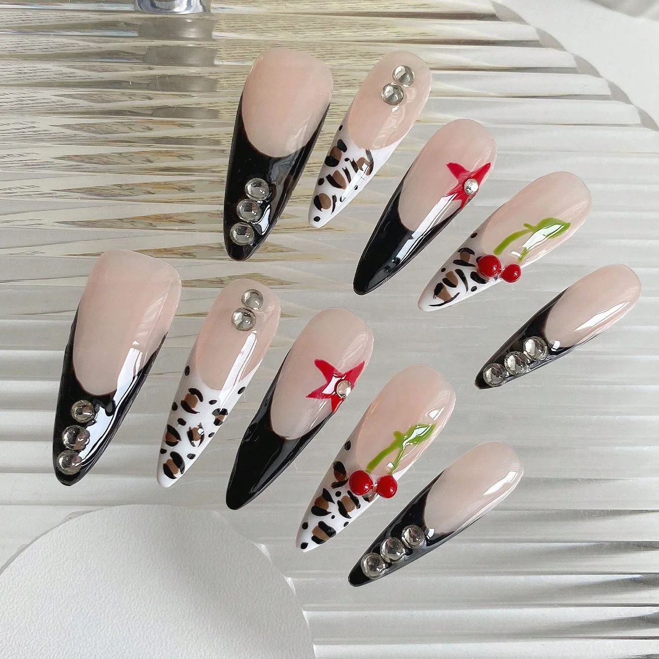 10Pcs Stiletto Handmade Fake Nails Nude Black French Tip Leopard Print Red Cherry Star Rhinestone Decor Reusable Press‑on Nails