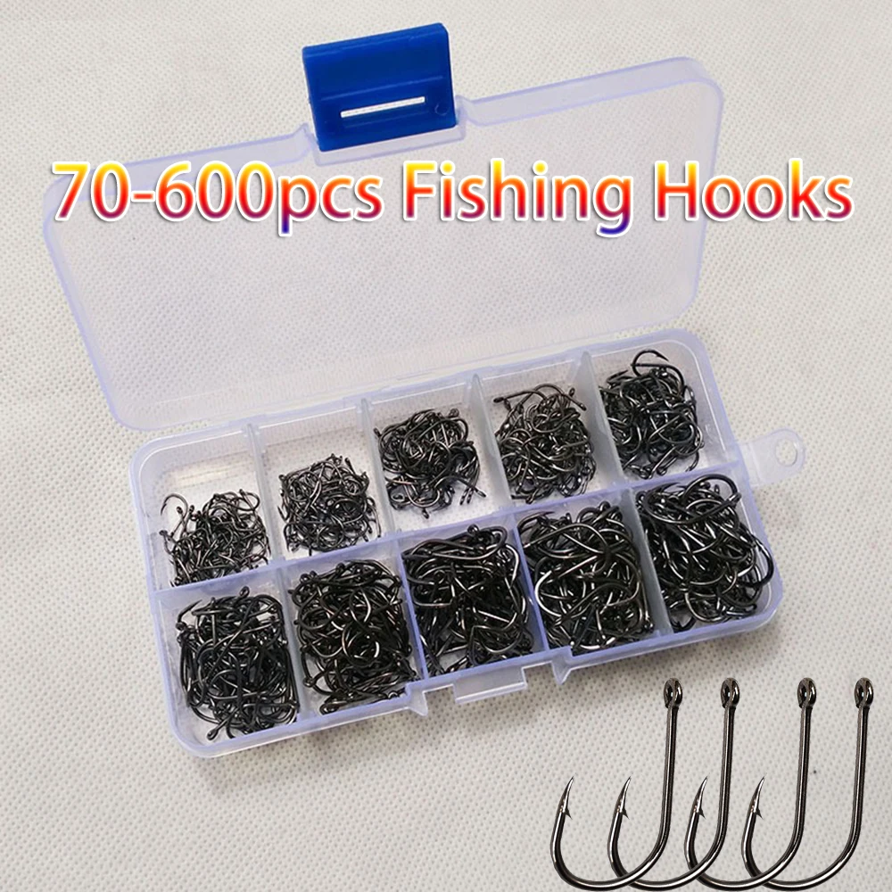 70-600pcs/Box Fishing Hooks Set High Carbon Steel Sharp Durable Barbed Fishhook Rock Fishing Equipment Gear Tackle Accessories