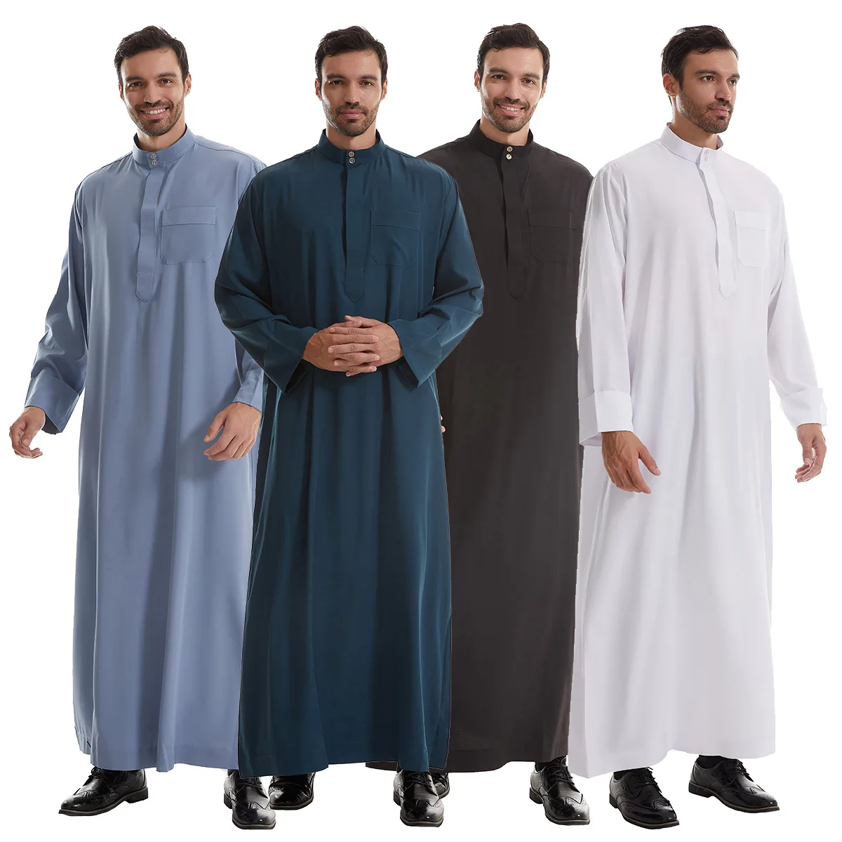 Moslim Mannen Lange Mouwen Opstaande Kraag Pure Kleur Knoop Gewaad Arabische Volwassen Enkellengte Thobe Ramadan Eid Kleding