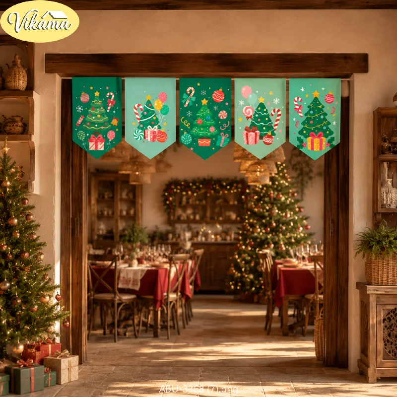VIKAMA Cartoon Christmas Tree Triangle Banners, Colorful Christmas Hanging Decorations, Christmas Home Decor