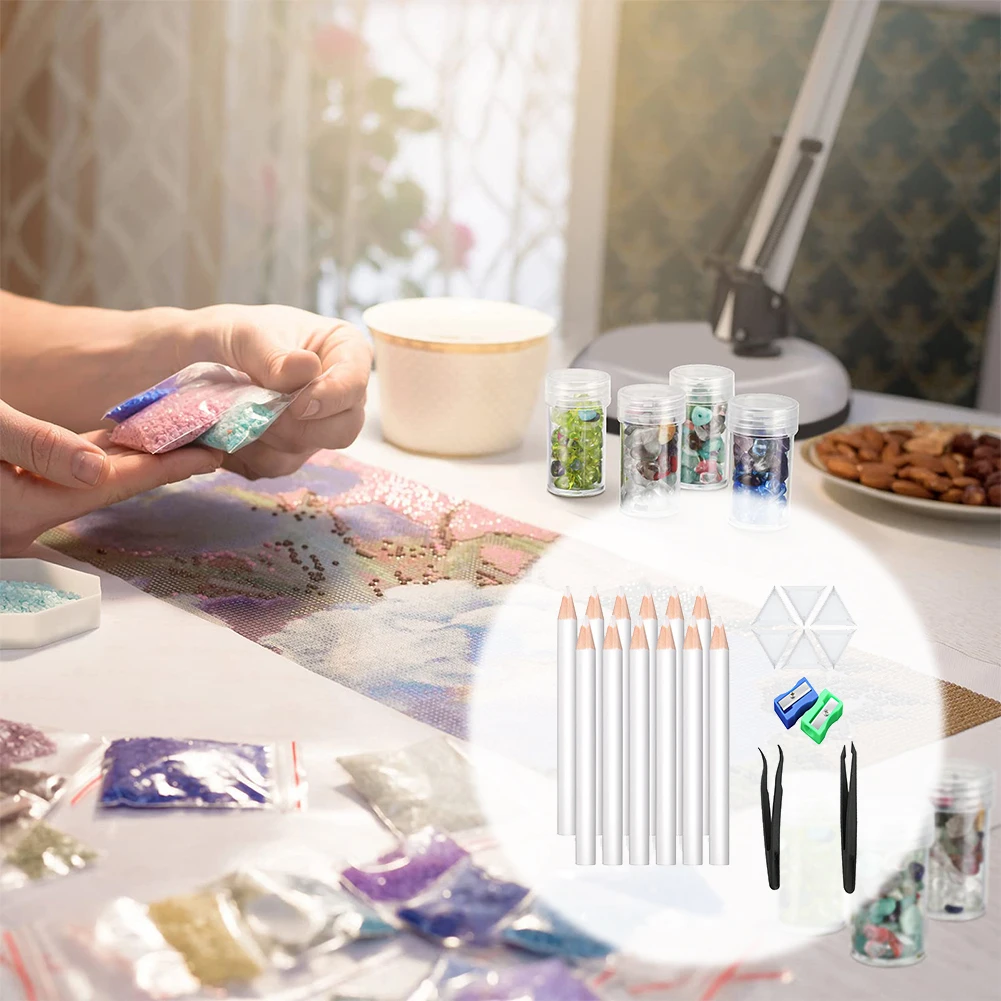 22 قطعة قلم رصاص من حجر الراين الشمعي مع مبراة ملاقط وألواح مثلثة أدوات التقاط كريستالية للرسم الماسي #1