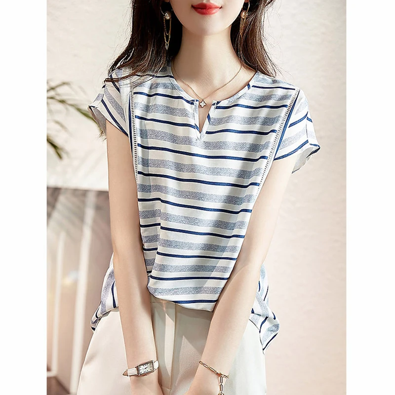 

Модный корейский шифоновый топ в полоску с коротким рукавом, женская шелковая верхняя одежда, подходящая для повседневной носки, летний наряд