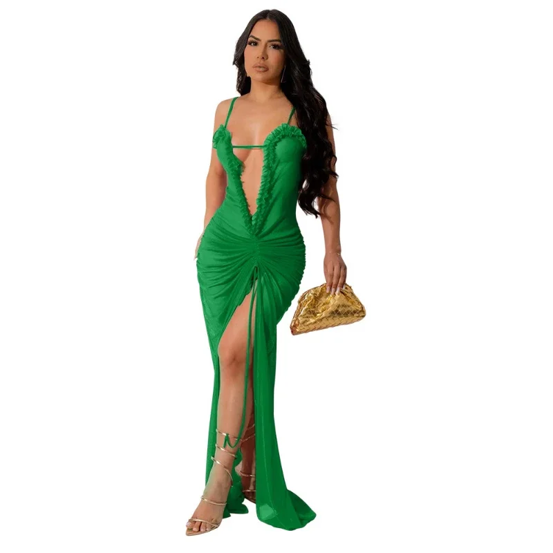 Women Sexy Sheer Long Dresses Mesh Splice Strapless Solid Slim Fit Elegant Dress Sleeveless Backless Streetwear Vestidos Summer