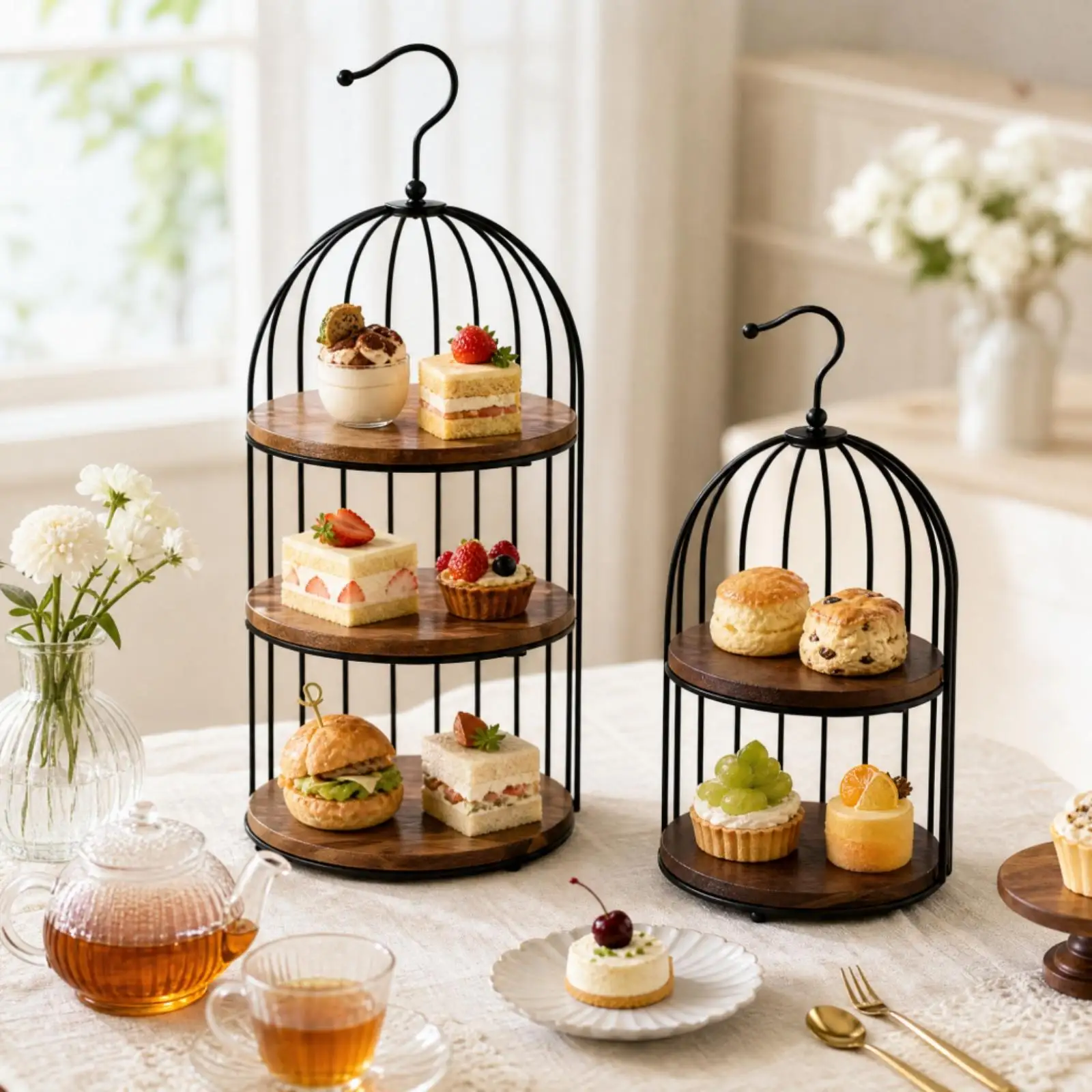 Rustic Wooden Cake Shelf Metal Birdcage Display Stand Freestanding Dessert Tray for Wedding Catering Buffet Table Centerpiece