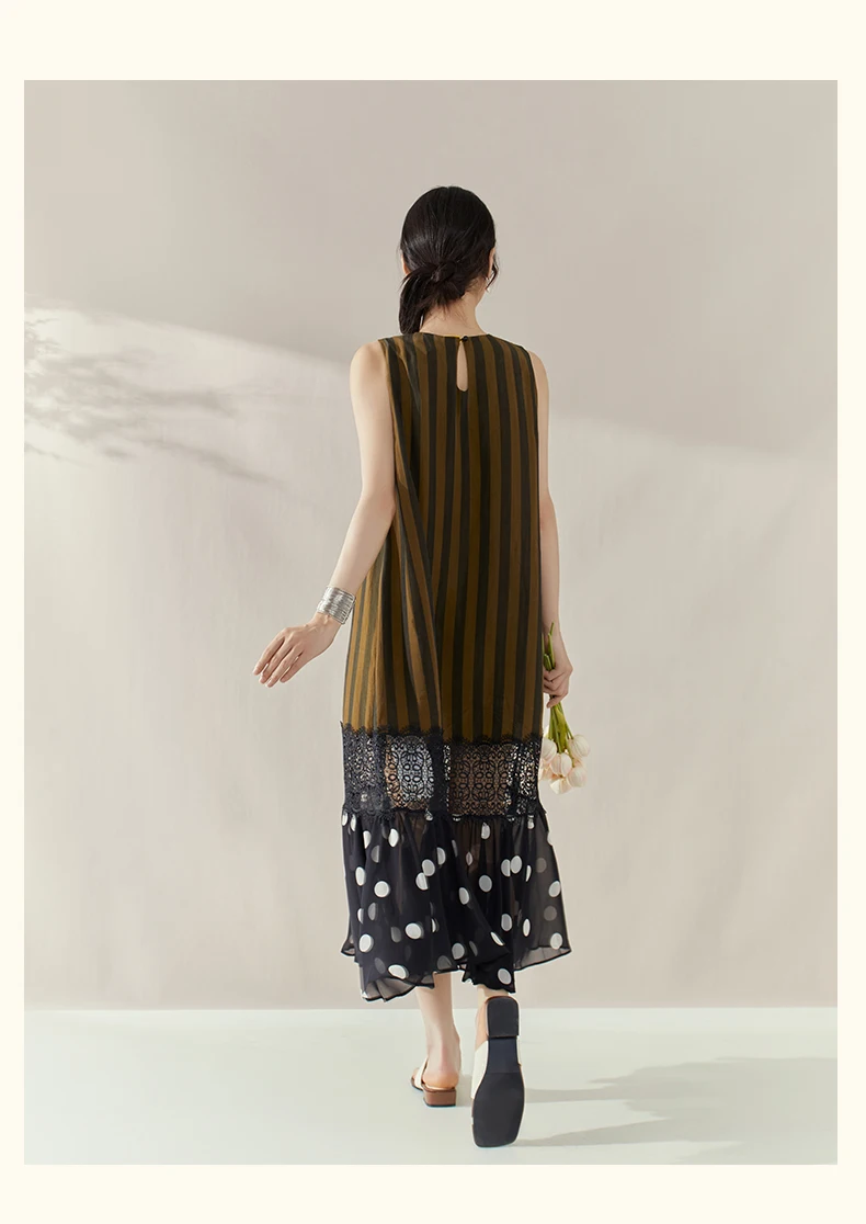 الفرنسية أنيقة الرجعية عارضة عطلة الصيف فساتين جولة الرقبة أكمام مخطط نقطة الدانتيل الربط مزاجه فستان طويل المرأة