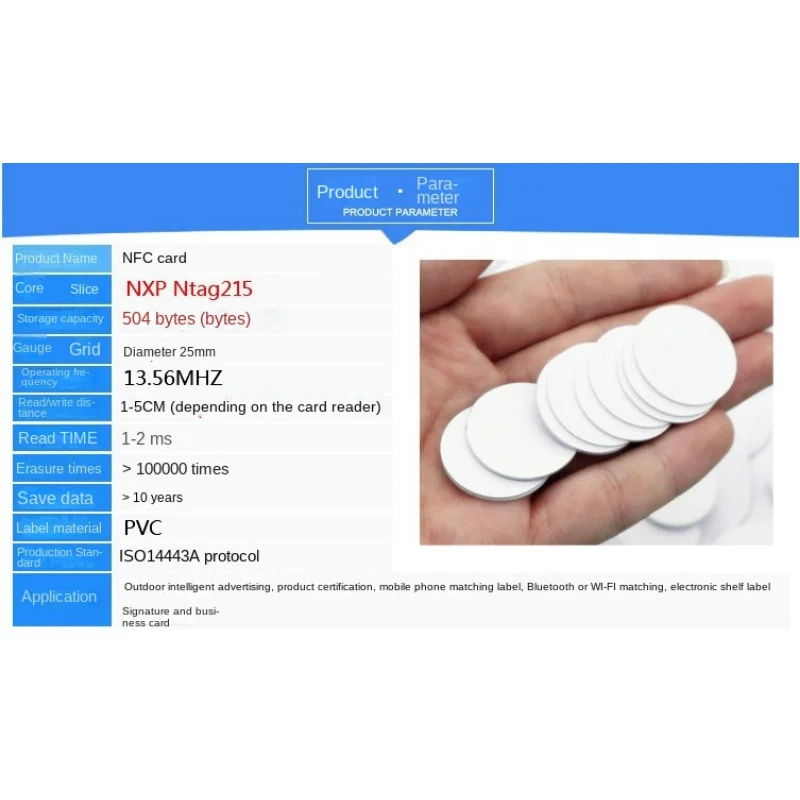 10 Stück NFC 215 Coin TAG Key 13,56 MHz Karte Universal Label RFID Ultralight Tags Etiketten 25 mm Durchmesser Runde Box