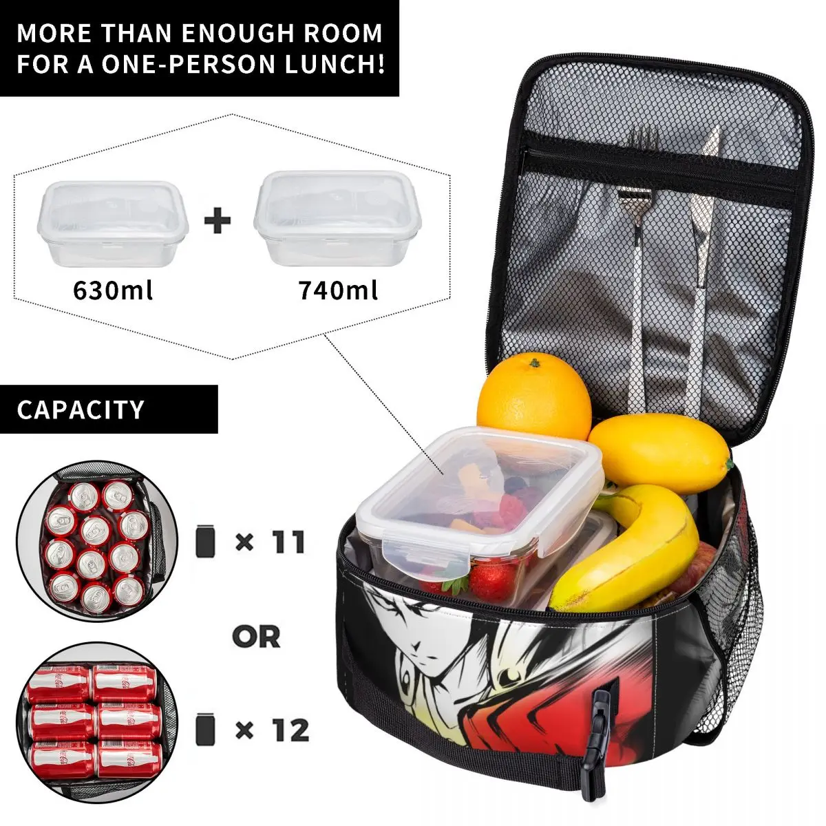 أنيمي واحد لكمة رجل معزول أكياس الغداء حقيبة للحفاظ على البرودة   حاوية الوجبات Saitama Cartoon Leakproof Tote Lunch Box Food Bag
