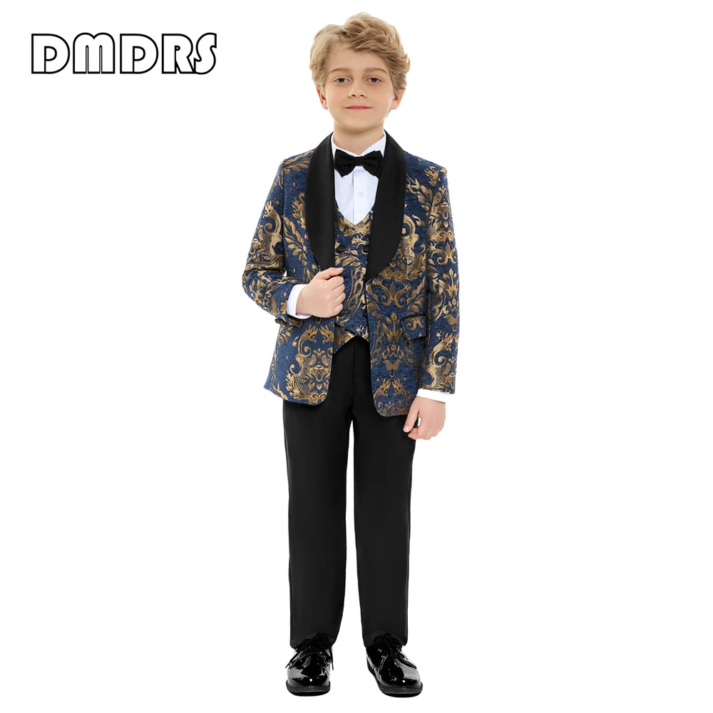 Gold Floral Boys Suit Set Shawl Neck Kids Formal 4 Pieces Suits Wedding Ring Bear Tuxedo One Button Boy\'s Suits 3-14 Years