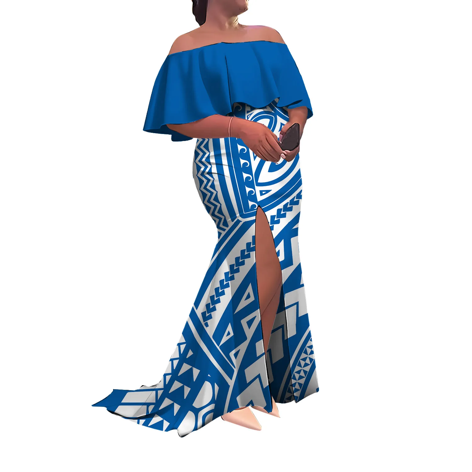 

Высококачественное полинезийское женское платье, длинное вечернее платье длиной до пола, выполненное на заказ, облегающее платье на одно плечо с разрезом «рыбий хвост»