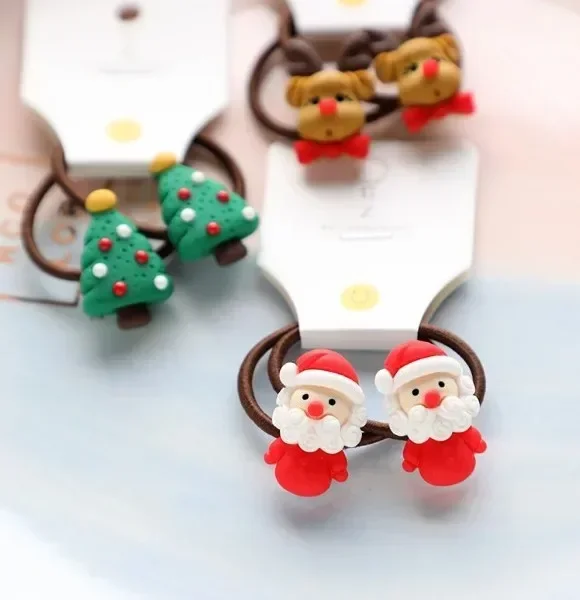 2Pcs New Santa Claus Children's Hair Rope Matching Headwear Resin Cartoon Small Rubber Band Elk Snowman Hair Loop Accessories