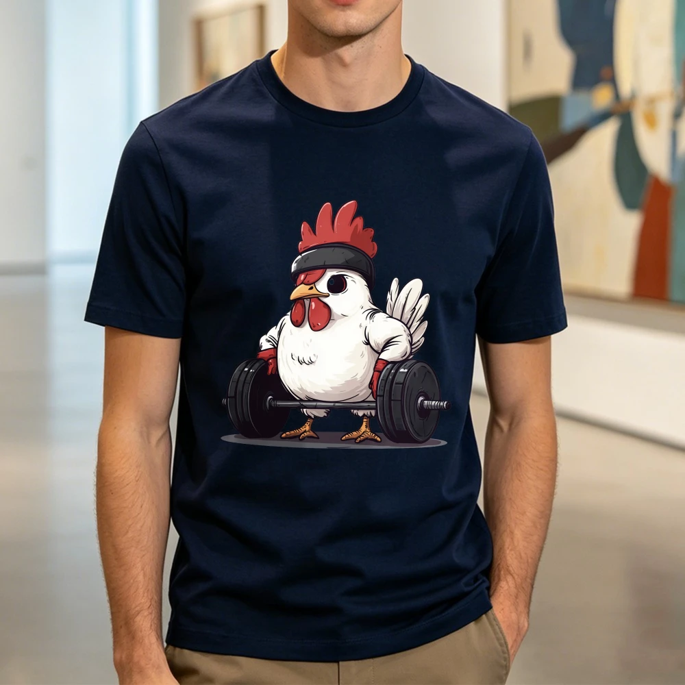 Camiseta divertida con gráfico de pollo haciendo peso muerto, camiseta con estampado de dibujos animados de barra y pesas, camiseta unisex de algodón para hombre, para amantes del gimnasio, uso diario, fitness