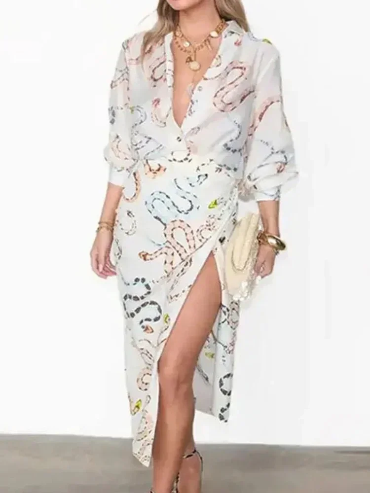 2024 New Women's Printed Shirt Dress. Long Sleeve with a skirt split. Single Breasted Beach Two-Piece Women's Dress for a stylis