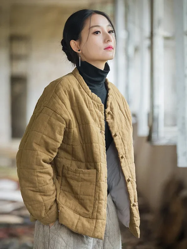 Damen-Langarmmantel mit lockerer Passform, 2025, neue Retro-Jacke aus Baumwoll-Leinen-Mischung, lässige Oberbekleidung mit Knöpfen für den Winter