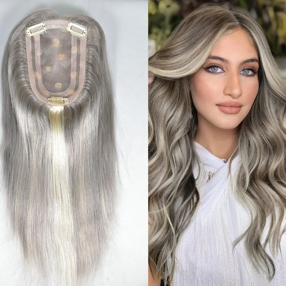 Real Grey Human Hair Toppers for Women with Mono Lace Closure 4x6inch Clip-in Highlighted Color Hair Hairpieces 14inch