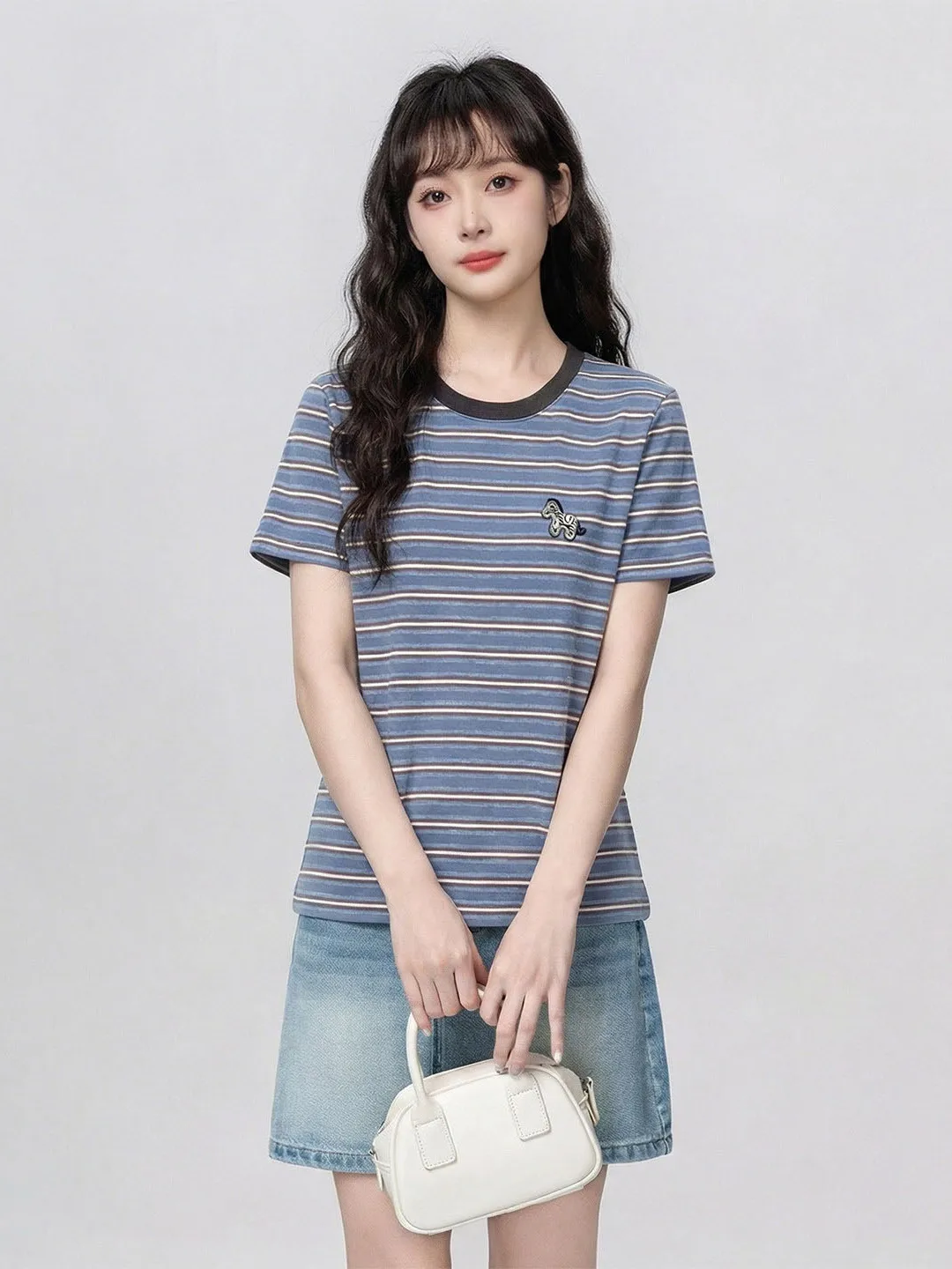 Chic Korean Style Striped Short Sleeve T-Shirt Women's round Neck Color Block Youthful Top Trendy Summer Casual Cotton