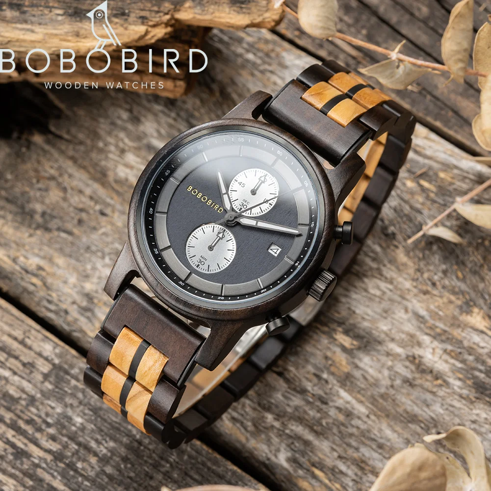 

2023 Wooden Watches BOBO BIRD Top Luxury Brand Multifunctional Men Quartz Wristwatches Tigerwood Strap montre homme Father's Day