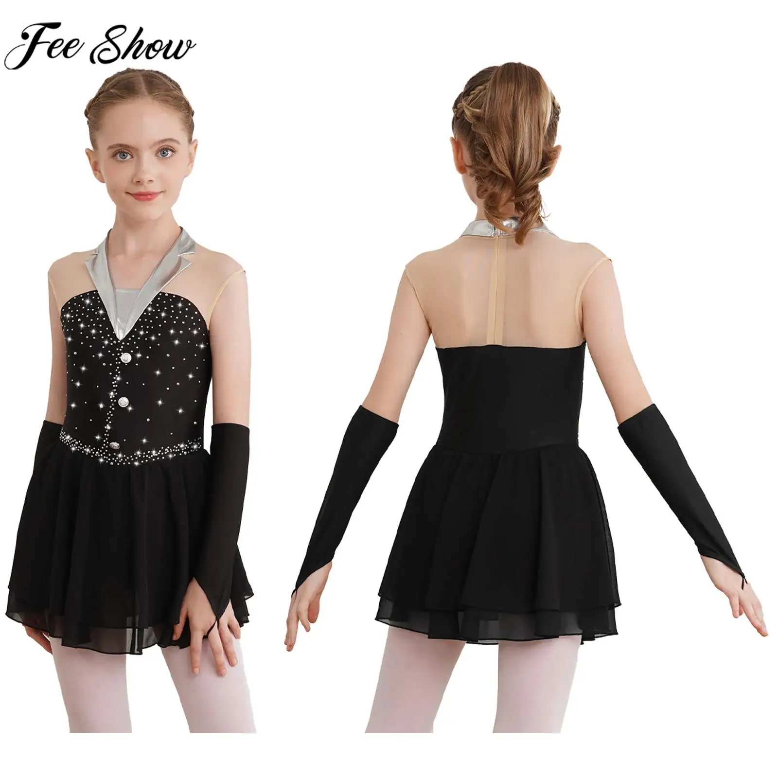 Kids Girls Figure Skating Leotard Dress with Gloves Sleeveless Shiny Ballet Gymnastics Latin Cha-cha Dance Performance Dancewear