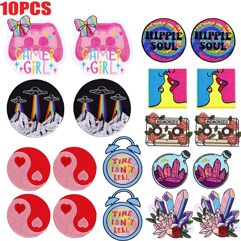 10PCS/lots Cartoon Patch Tape Crystal Flower Embroidered Patch Iron On Patches DIY Butterfly Moon Patch Jackets Jeans Sew Badges
