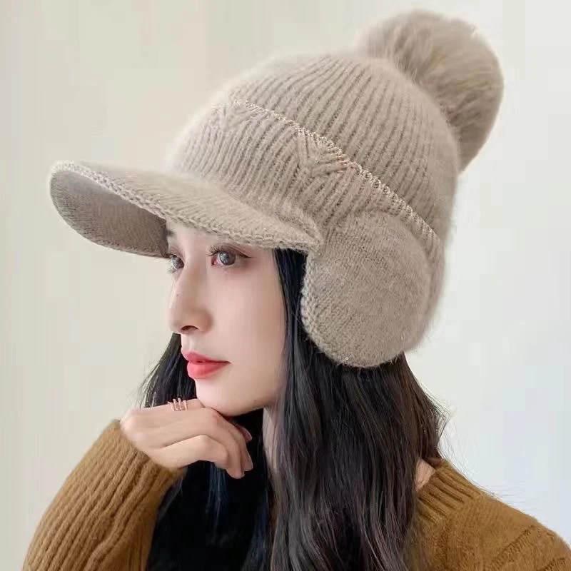 New Women Winter Knitted Hats Solid Color Big Pompom Plush Warm Baseball Cap Outdoor Cycling Ear Protection Thick Winter Hats