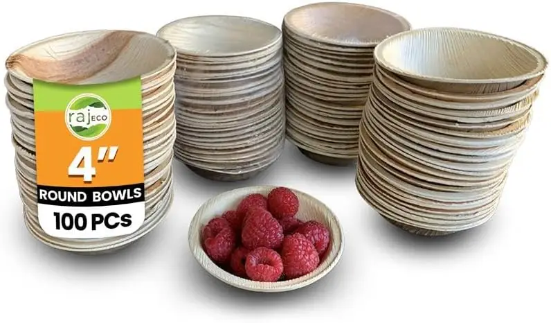 

Palm Leaf Bowls 100 Count 4 Inch Disposable Eco Friendly Compostable Strong Sturdy Party Dinnerware for BBQ Picnic Outdoor