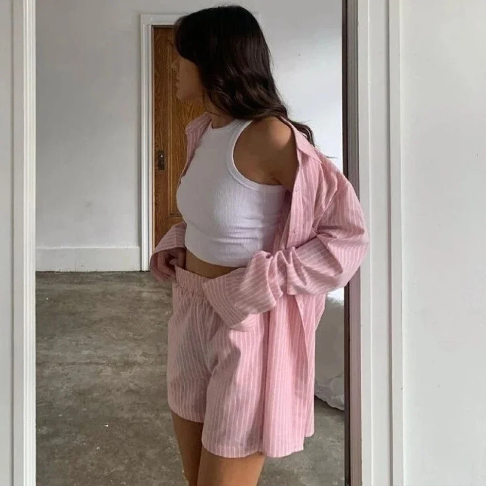 Loung Wear-Chemise à rayures à manches longues pour femmes, mini short taille haute, ensemble de pyjamas 2 pièces, vêtements de maison