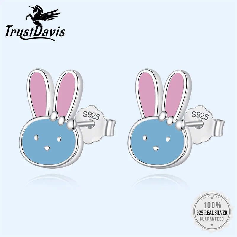 TrustDavis Real 925 Sterling Silver Cute Glaze Animal Rabbit Charm Stud Earrings For Daughter Girls Birthday Gift Jewelry DK024