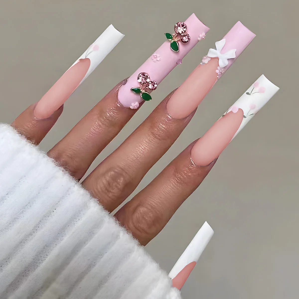 

24pcs Flower White French False Nails 3D Cherry Design Long Square Wearable Fake Nail Finished Pink Full Cover Press on Nails