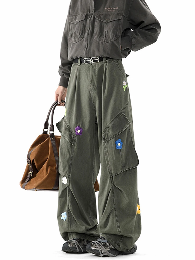 

Retro American Embroidered Work Pants Men's Hip Hop Loose Multi ket Casual Wide Leg Soldier Pants Cotton Straight Tube