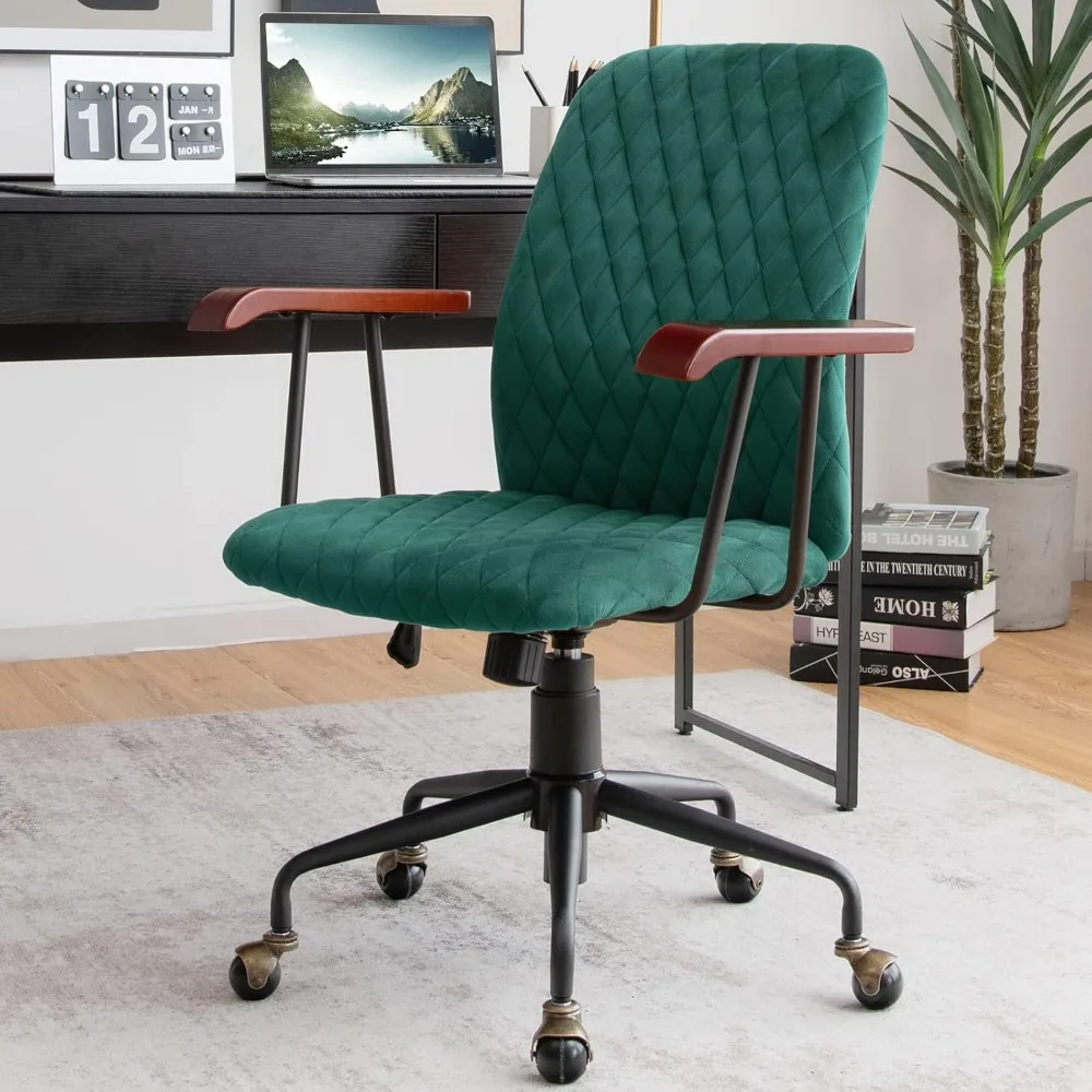 Home Office Desk Chair Green, Vintage Adjustable Swivel Rolling Chair with Copper Wheels & Armrest, Mid Century Leisure Chair