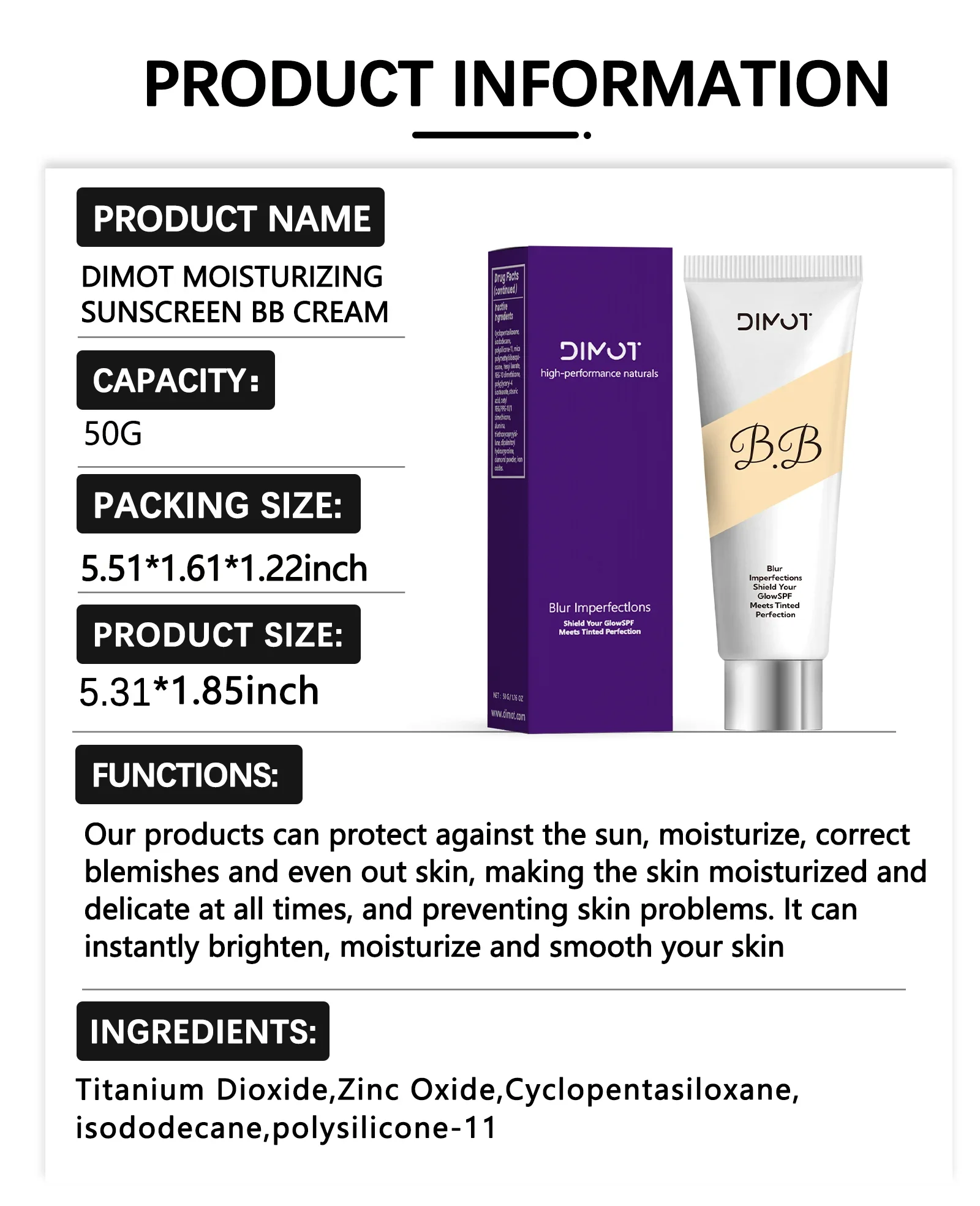 كريم DIMOT الواقي من الشمس BB 50 جرام حماية من الشمس SPF، مكياج مرطب مع تغطية لا تشوبه شائبة وتأثير تفتيح، برايمر للبشرة العادلة