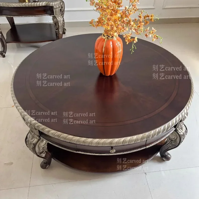 N178 G Manor solid wood carving flower round large coffee table French tracing silver coffee table