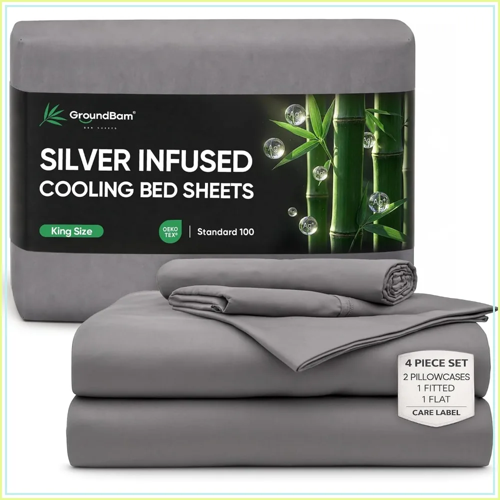 

Silver Infused Bamboo Sheets: Cooling, Self-Cleaning, 3X Freshness, King Dark Gray