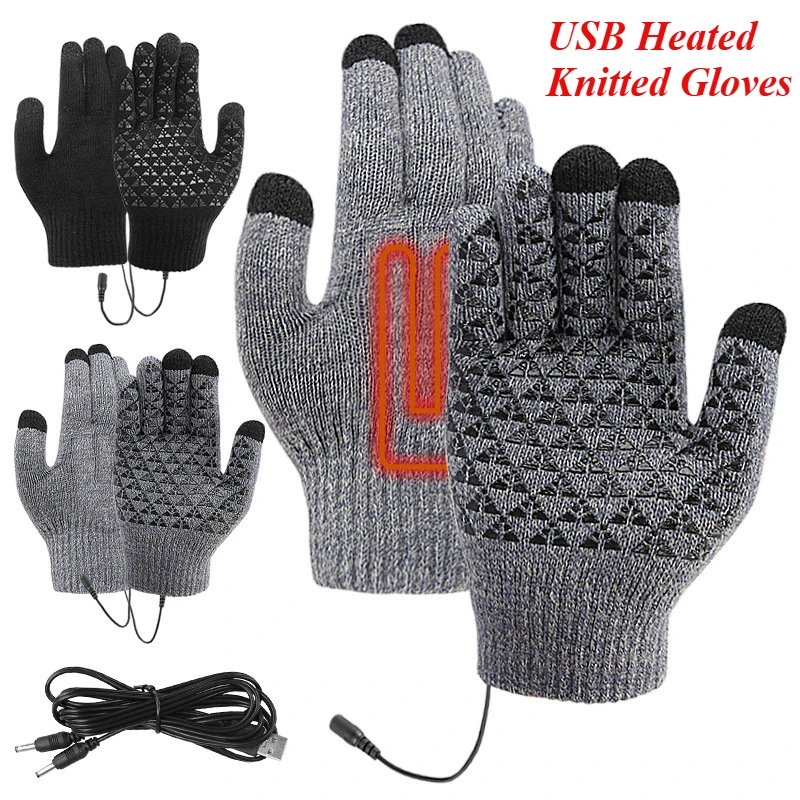 USB Heated Knitted Gloves Touch Screen Non-Slip Cycling Thermal Mitts Hand Warmer Electric Mitten for Winter Outdoor Sports