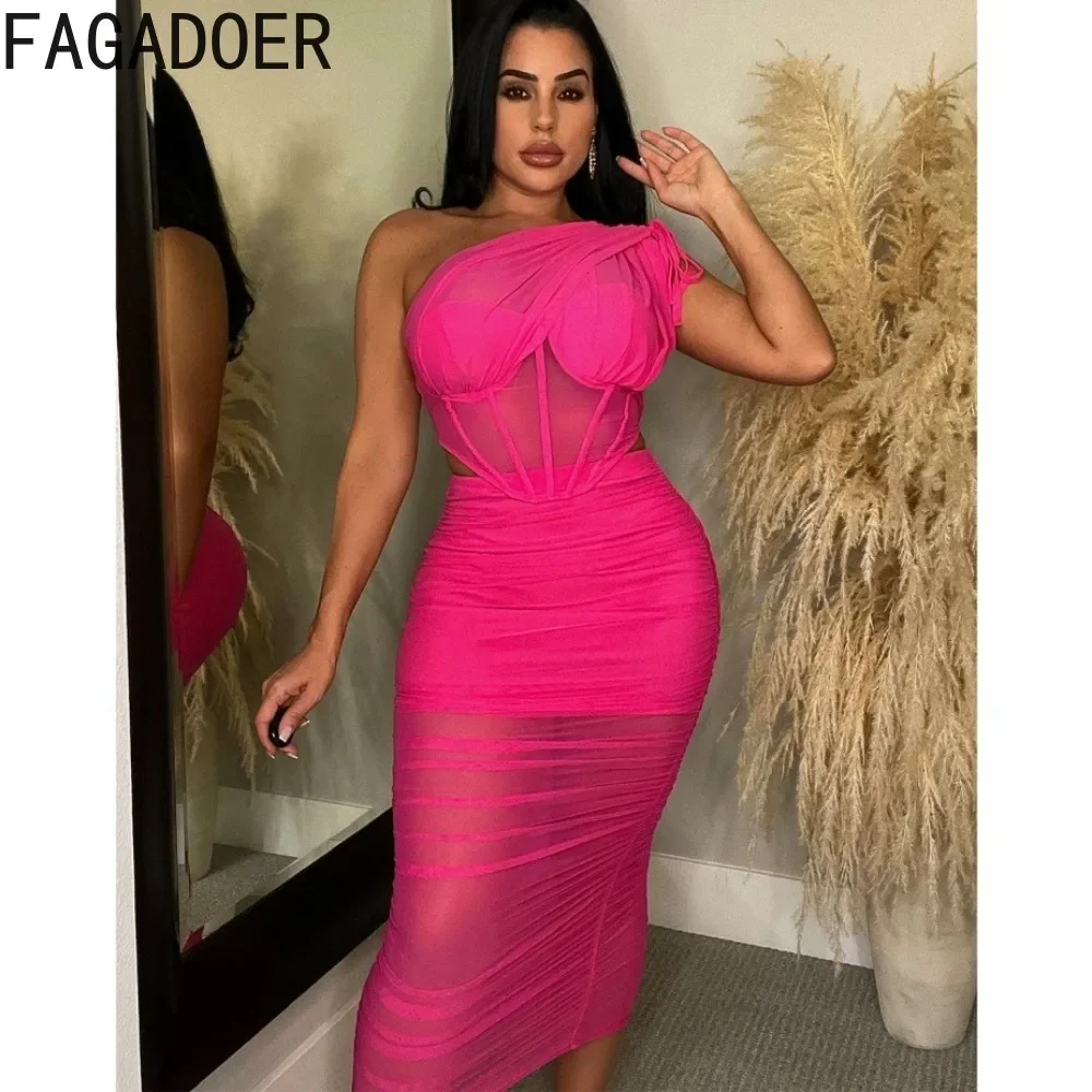 

FAGADOER Sexy Mesh Perspective Two Piece Sets For Women One Shoulder Hollow Sleeveless Crop Top And Skinny Skirts Outfits 2024