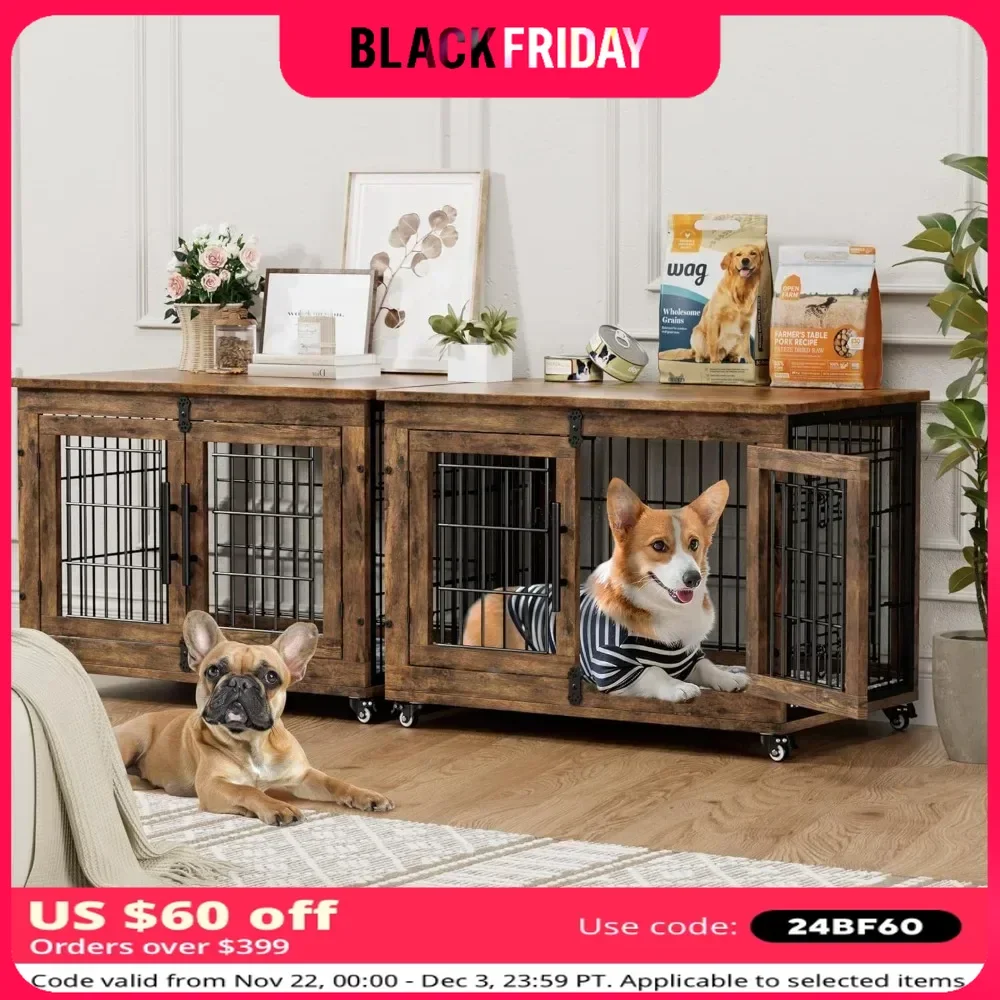 Dog Crate Furniture with Cushion Set of 2, Wooden Dogs Kennel Indoor with Wheels & Double Doors, Dog Cage Side End Table