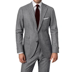 Custom Tailored Luxury Wool Flannel Mens 2 Piece Outfit Set Mens Suits Men Designer Clothes Men Single Breasted Suit Grey Stripe