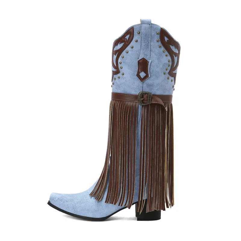 Womens Fringe Cowboy Boots Western Style Embroidered Knee High Boots Autumn Winter Comfort Thigh High Riding Booties