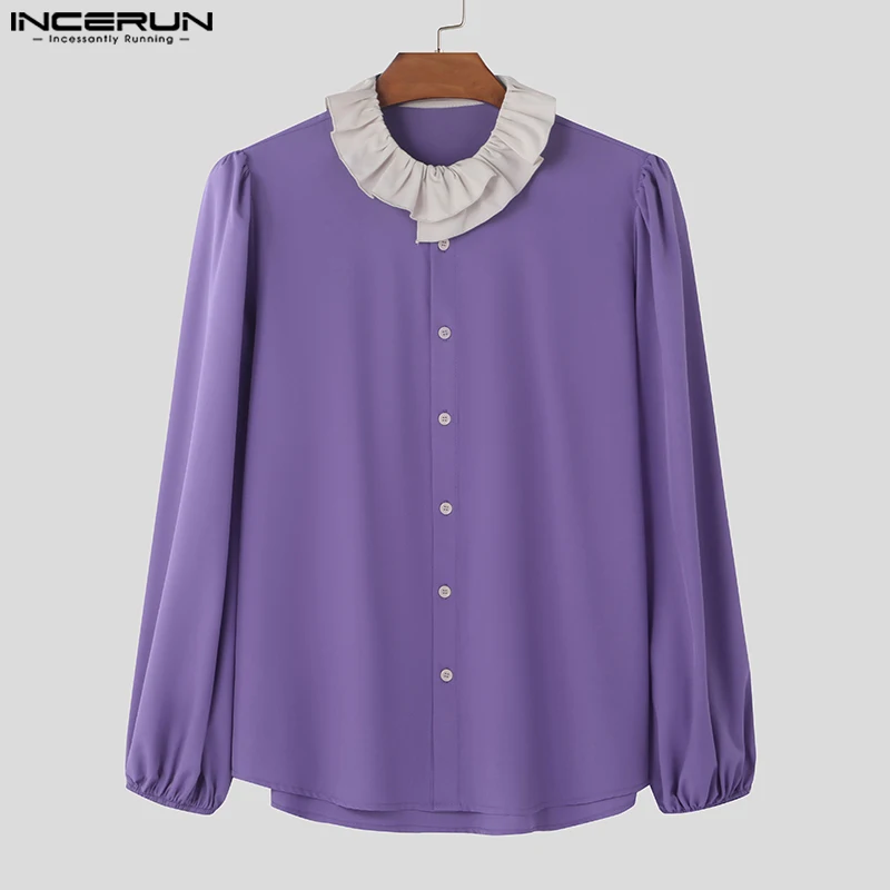 Fashion Well Fitting Tops INCERUN 2024 New Men Contrast Pleated Neck Shirts Casual Streetwear Hot Sale Long Sleeved Blouse S-5XL