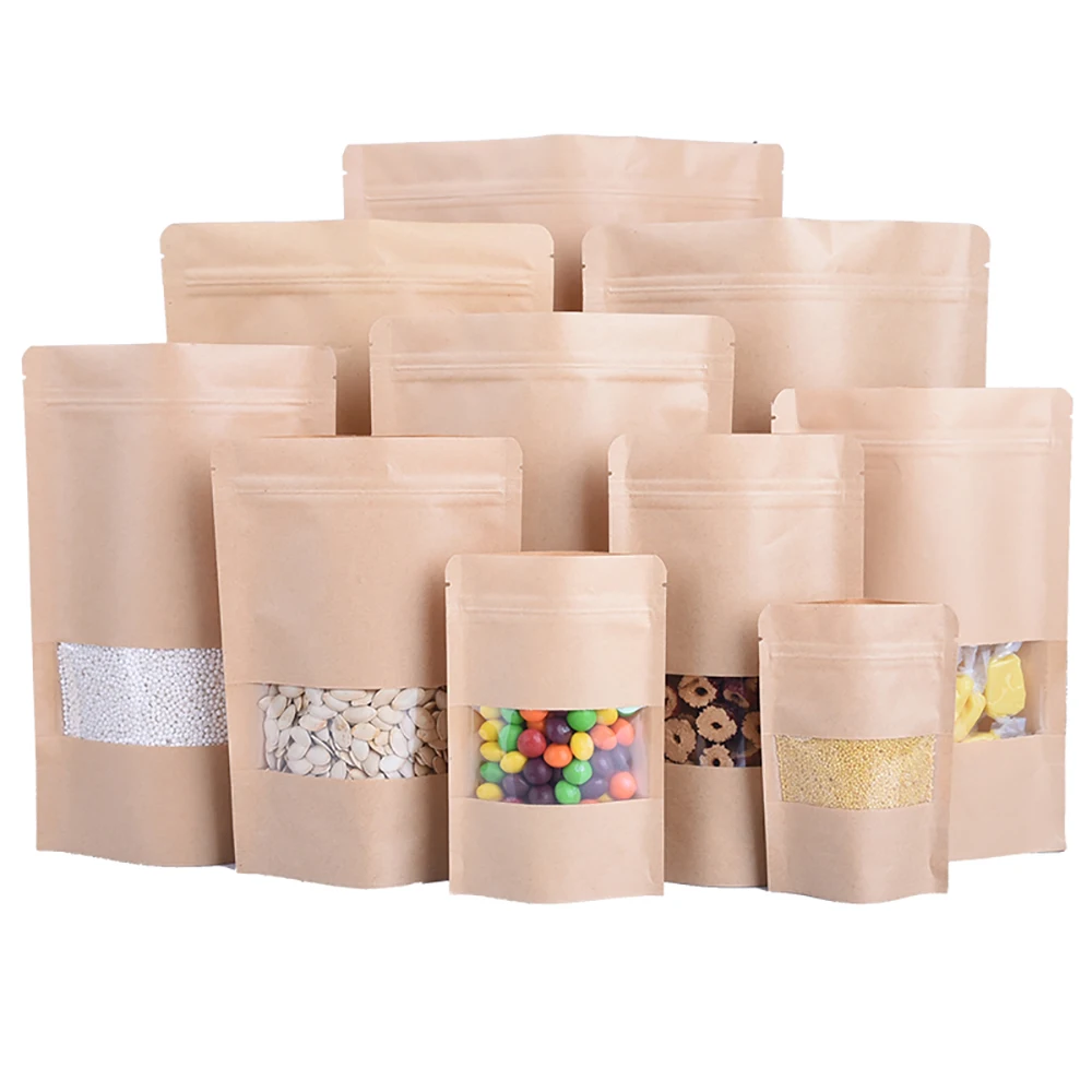 100pcs Packing Zip lock Kraft Paper Window Bag Stand up Gift Dried Food Fruit Tea packaging Pouches Zipper Self Sealing Bags
