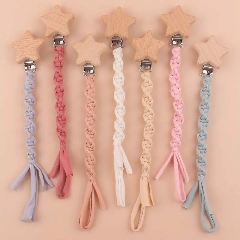 

Portable Handmade Baby Pacifier Clips Elastic cloth tape Anti-drop Soother Clip Chain Wooden Braided Cotton Teething Toy Newborn