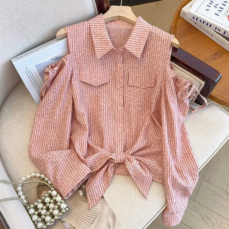 

Весенний наряд с открытыми плечами, новая модная рубашка в полоску, модная нишевая рубашка с длинными рукавами, дизайнерский топ