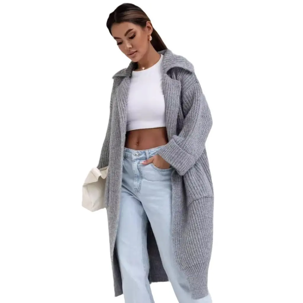 

Women's Mid-Length Thickened Lapel Pocket Knitted Cardigan Sweater Loose Fit Fashionable Jacket for Spring/Autumn
