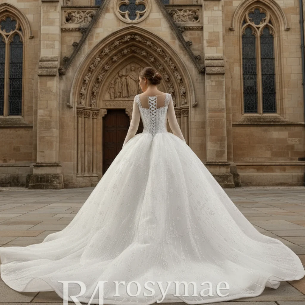 Rosymae Sparkly Wedding Dress Sheer Square Neckline Ball Gown with Long Sleeve amanda novias vestidos boda 2026