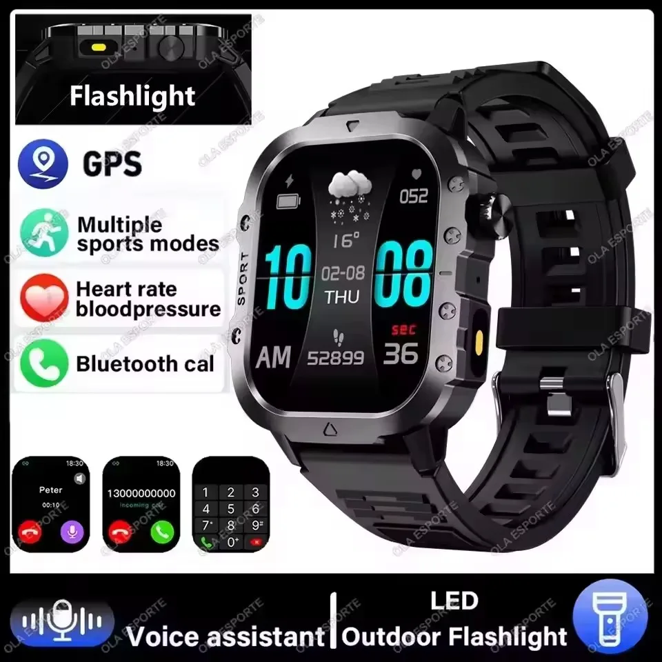 2026 Nieuwe Militaire Outdoor Smart Horloge Heren GPS Zaklamp Bluetooth Oproep 2.01 "AMOLED Scherm 3ATM Waterdichte Sport Smartwatch