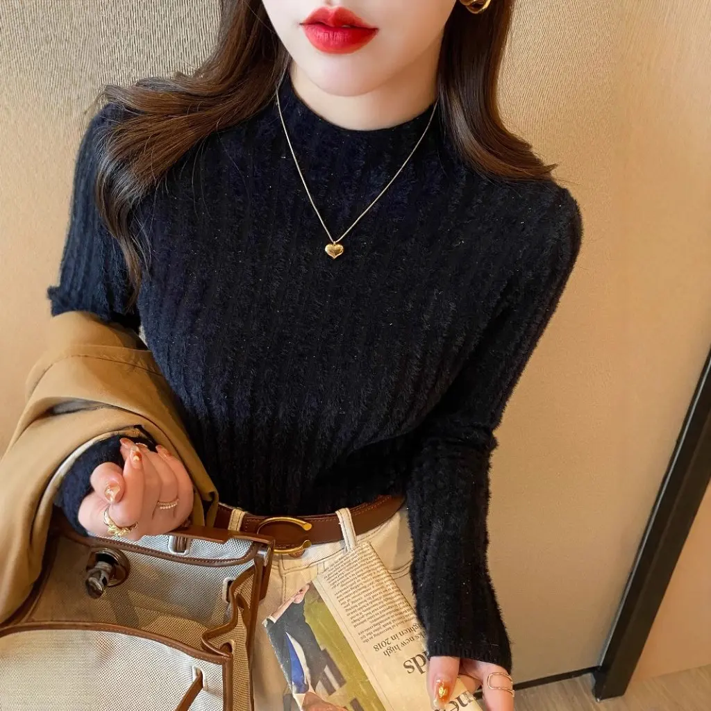 

Women's Soft Waxy Sweater Mink Velvet Fleece-Lined Thickened Half-High Collar One-Piece Base Shirt Inner Top for Autumn Winter
